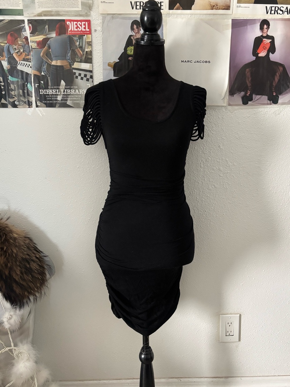 Body Central Black Ruched Bodycon Dress with Cutout Sleeve Detail